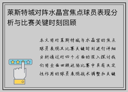 莱斯特城对阵水晶宫焦点球员表现分析与比赛关键时刻回顾 莱斯特城对阵水晶宫焦点球员表现分析与比赛关键时刻回顾