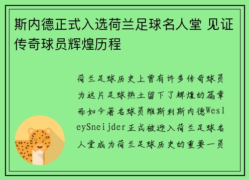斯内德正式入选荷兰足球名人堂 见证传奇球员辉煌历程 斯内德正式入选荷兰足球名人堂 见证传奇球员辉煌历程